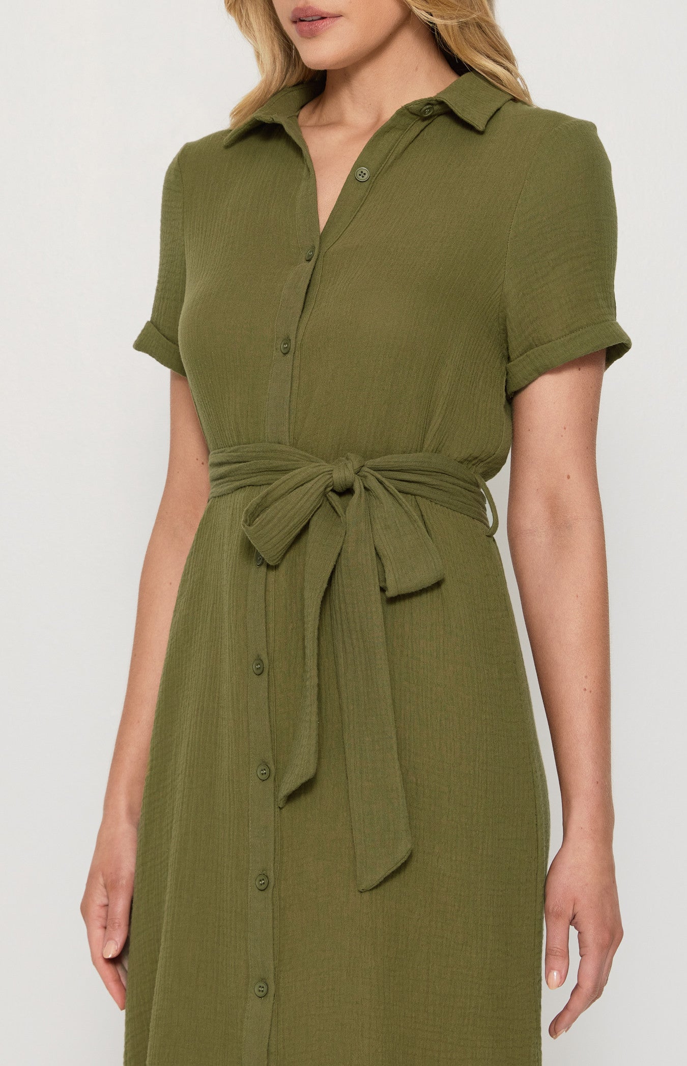 Gemma- Textured Cotton Button Up Midi Shirt Dress with Belt