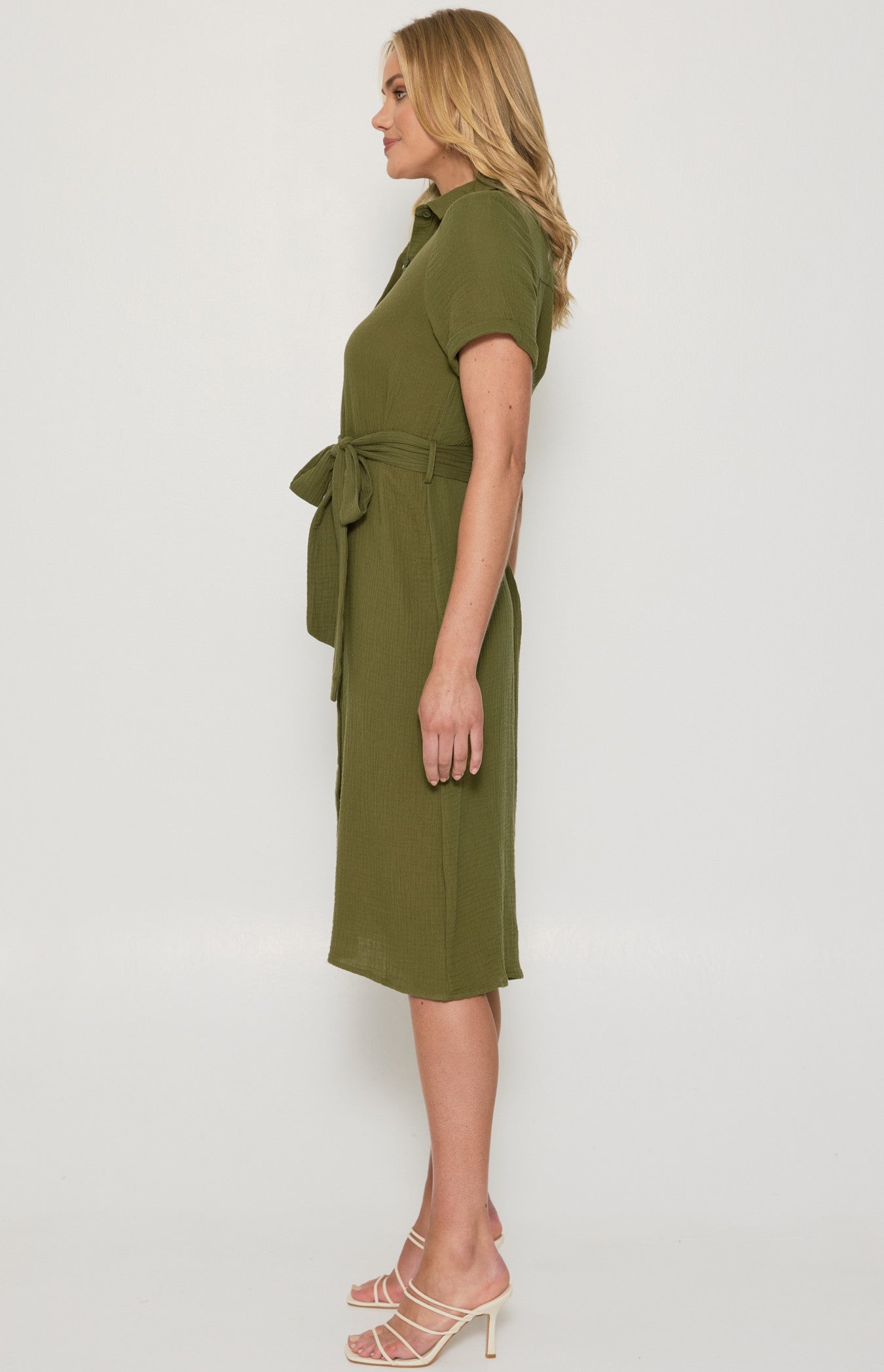 Gemma- Textured Cotton Button Up Midi Shirt Dress with Belt