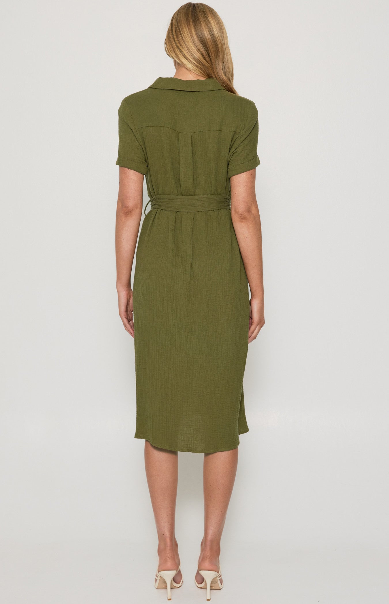 Gemma- Textured Cotton Button Up Midi Shirt Dress with Belt