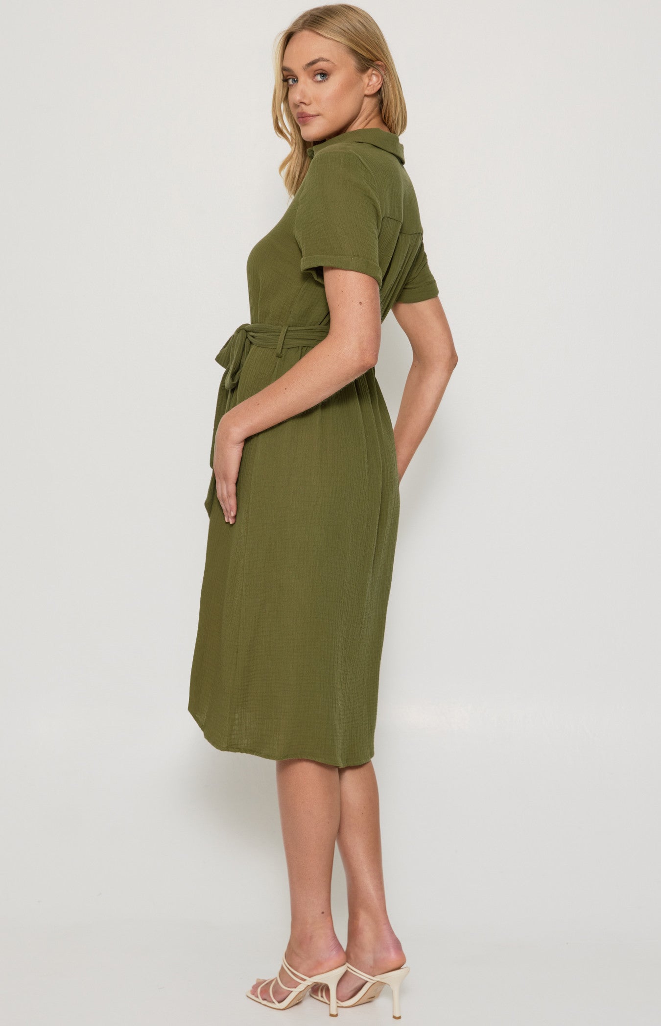 Gemma- Textured Cotton Button Up Midi Shirt Dress with Belt