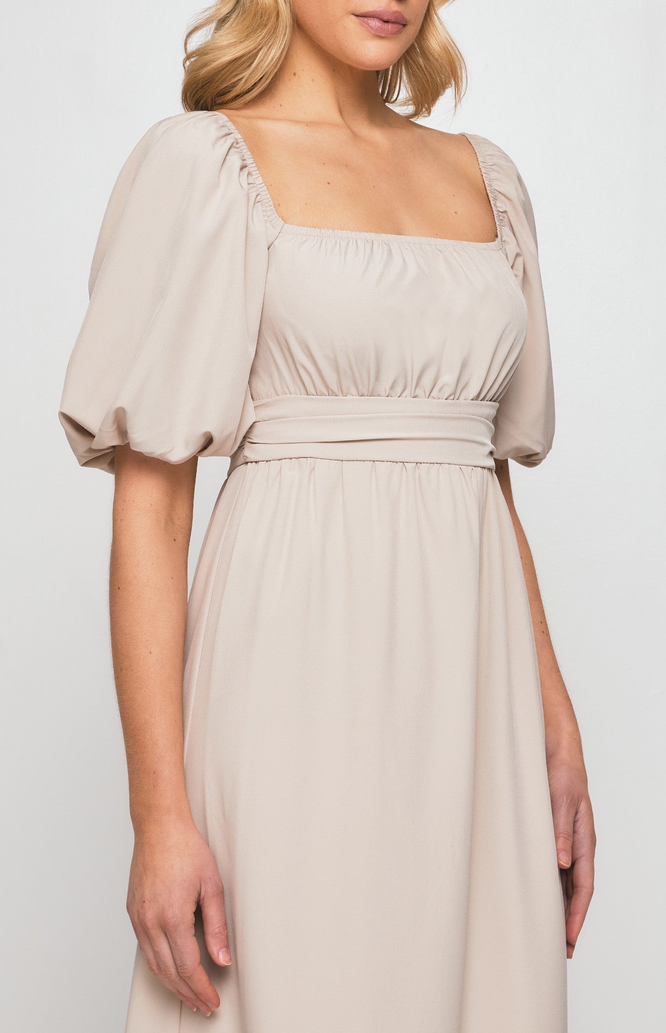 Sadie-Square Neckline Midi Dress with Pleated Waist Detail