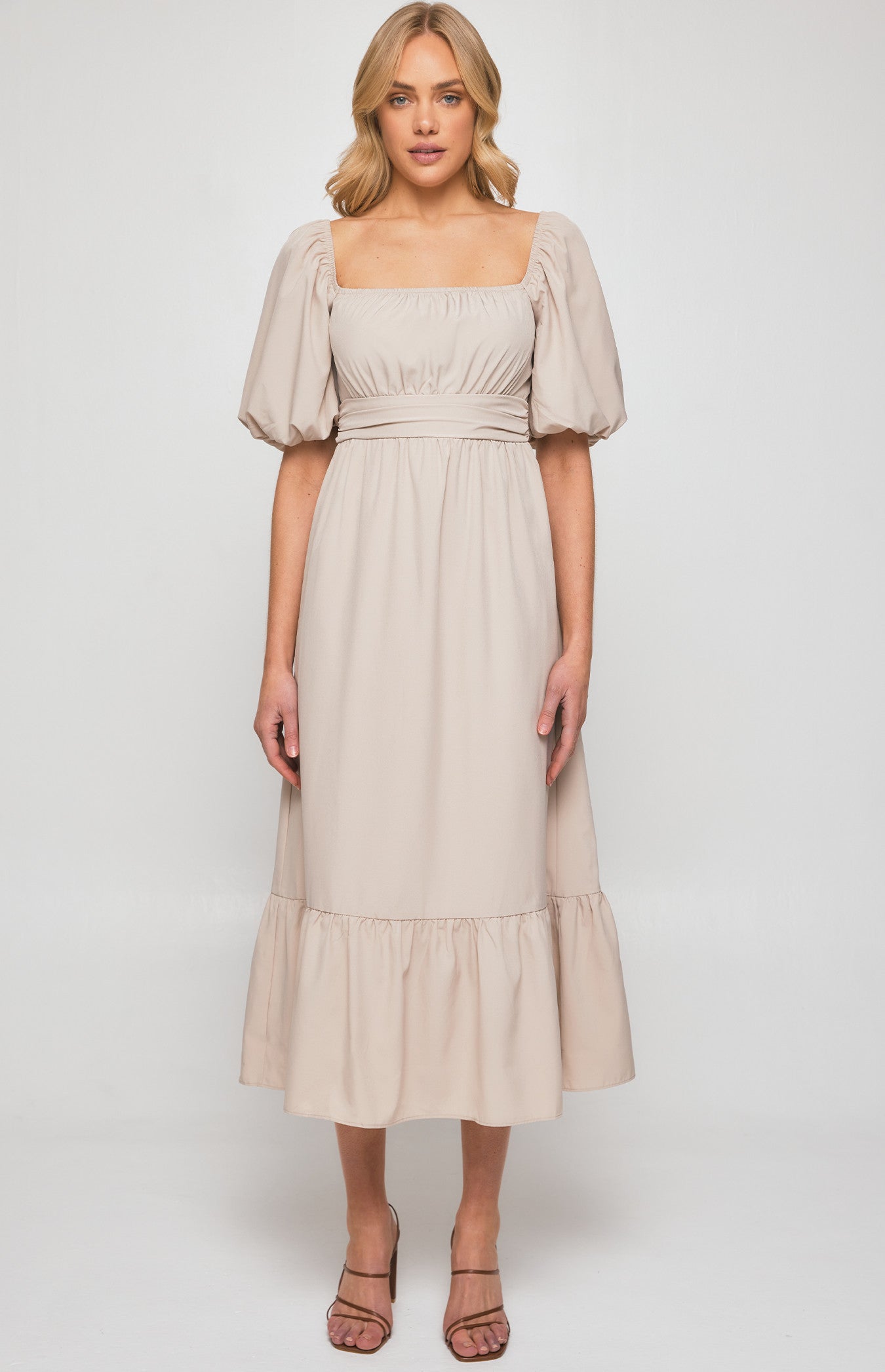 Sadie-Square Neckline Midi Dress with Pleated Waist Detail