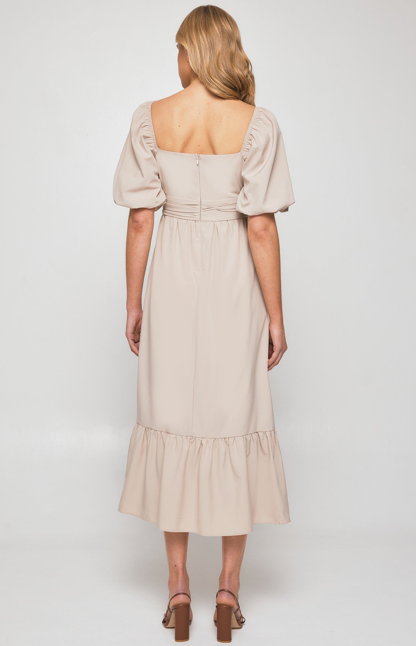Sadie-Square Neckline Midi Dress with Pleated Waist Detail