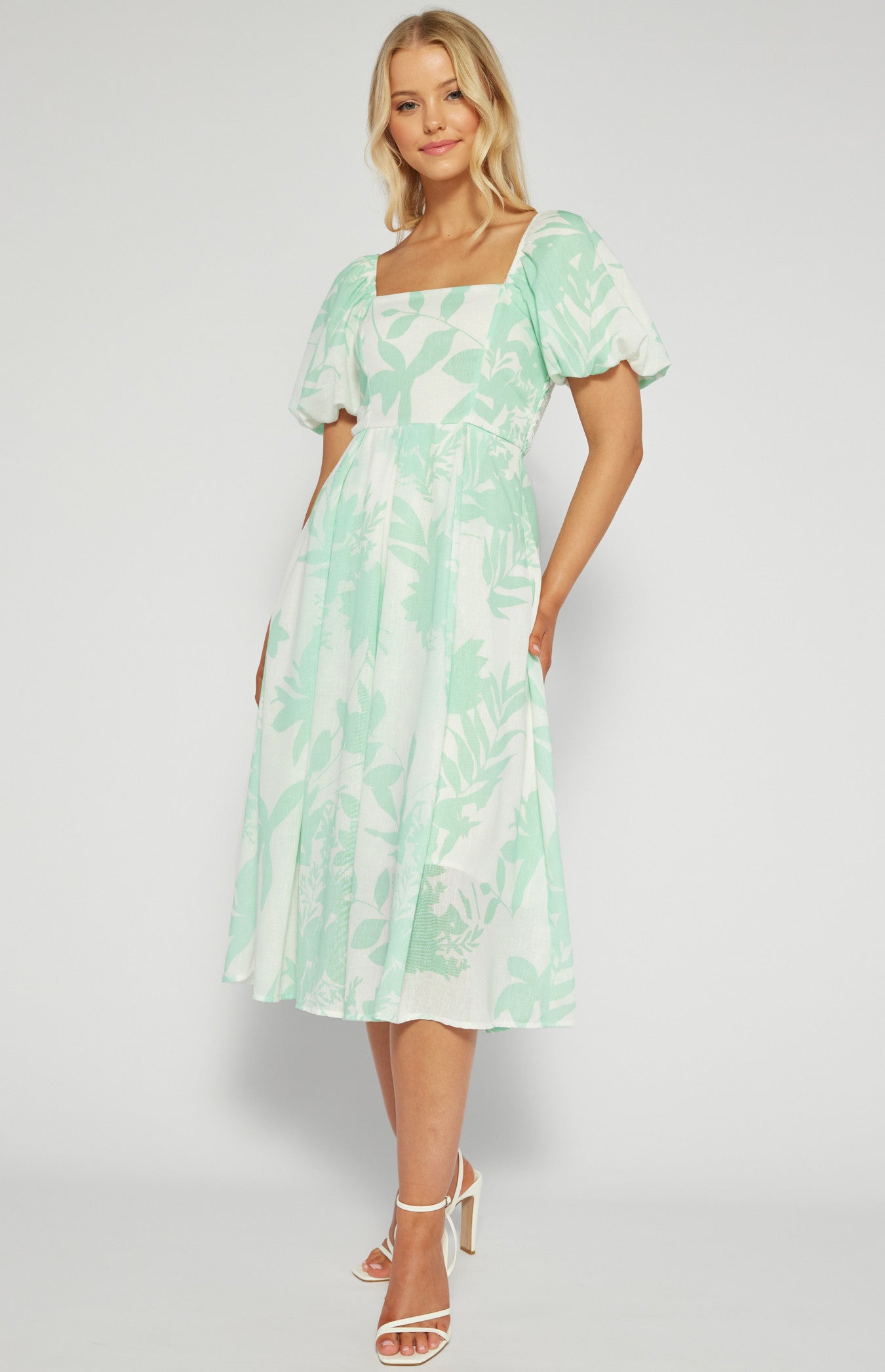 Neva- Faux Linen Tropic Print Pleated Midi Dress