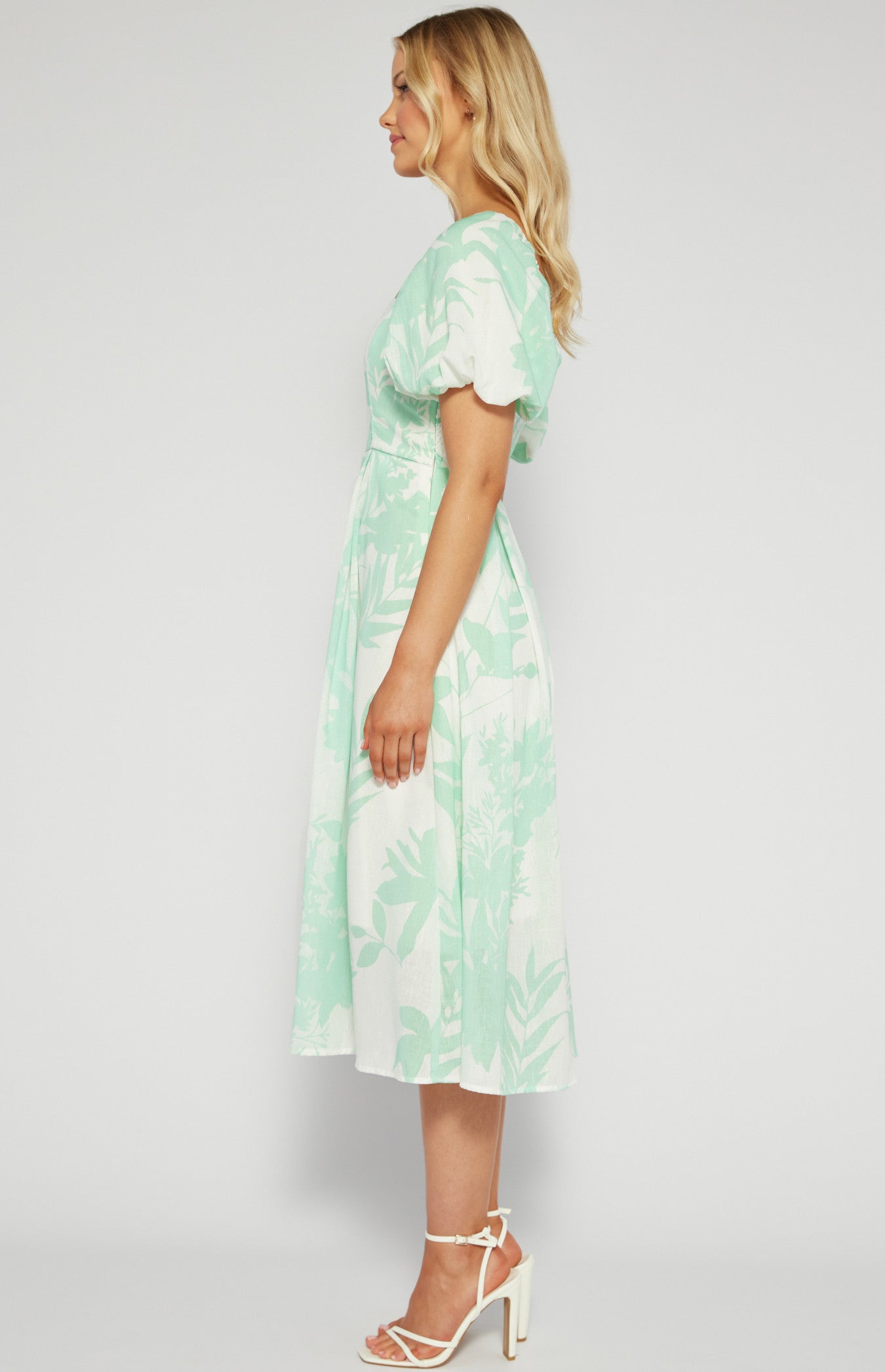 Neva- Faux Linen Tropic Print Pleated Midi Dress