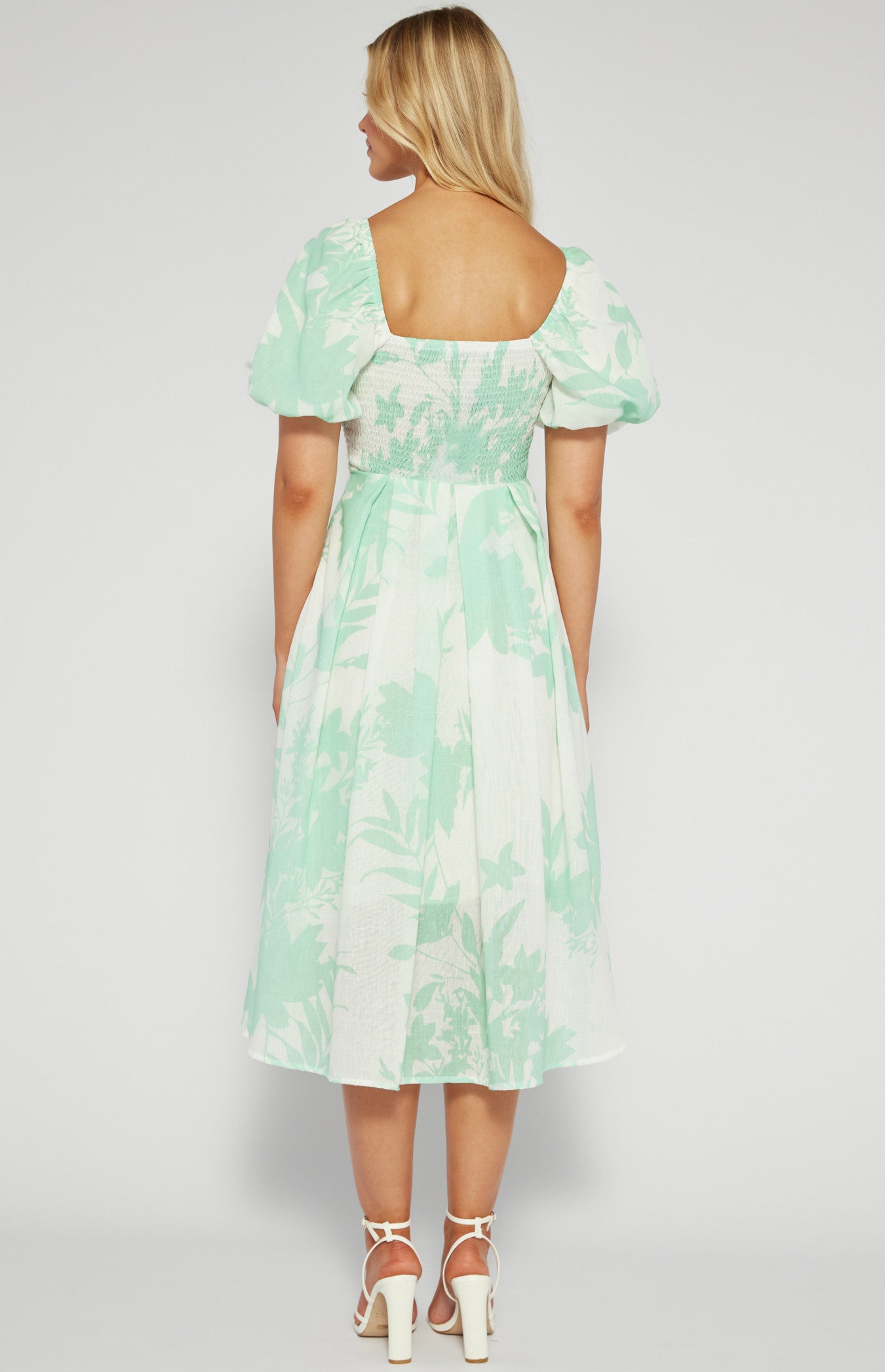 Neva- Faux Linen Tropic Print Pleated Midi Dress