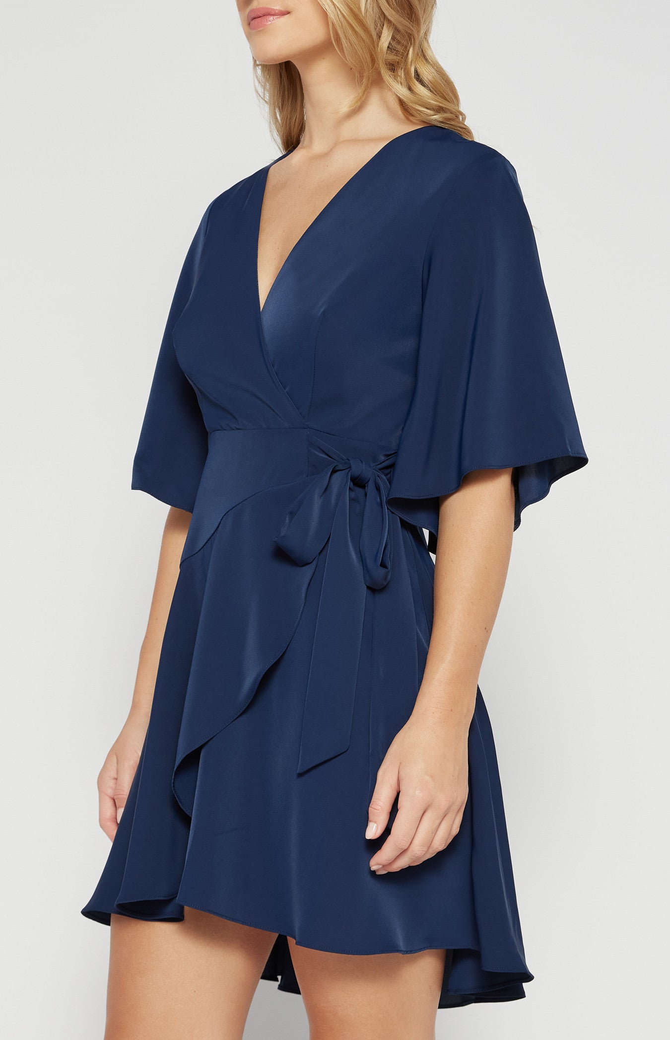 Bella- Bell Sleeve Faux Wrap Dress with Layered Frill Hem