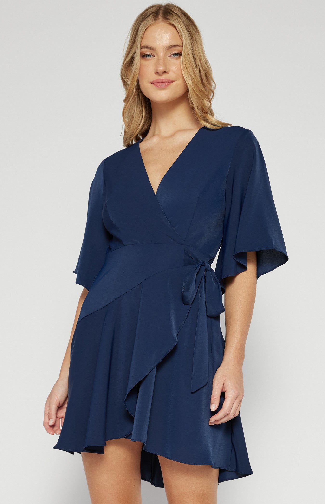 Bella- Bell Sleeve Faux Wrap Dress with Layered Frill Hem