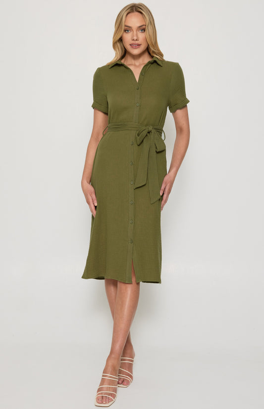 Gemma- Textured Cotton Button Up Midi Shirt Dress with Belt