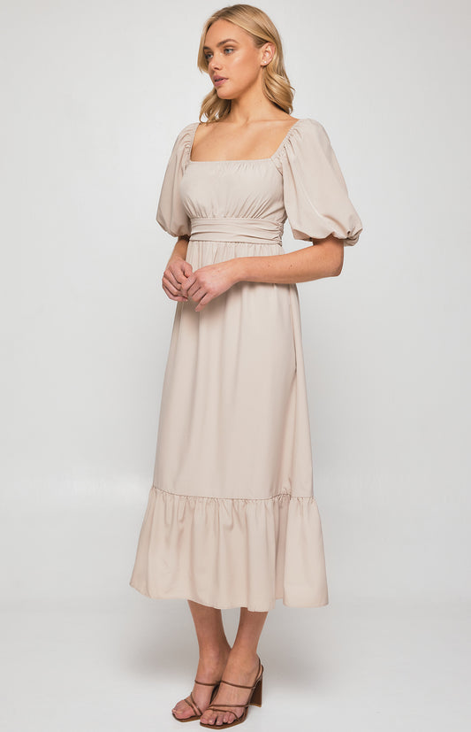Sadie-Square Neckline Midi Dress with Pleated Waist Detail