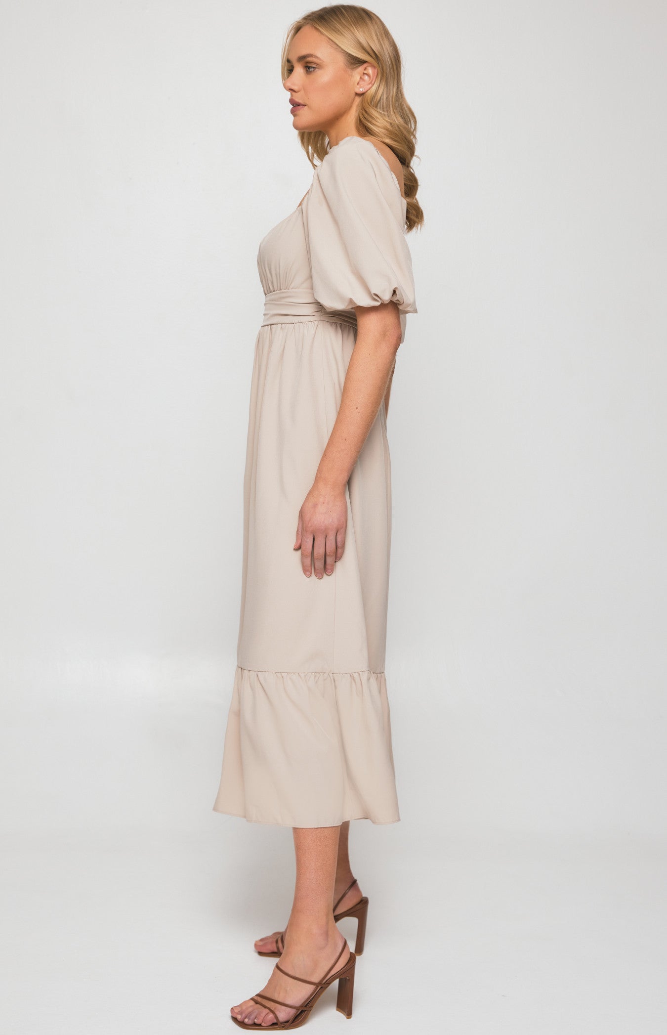 Sadie-Square Neckline Midi Dress with Pleated Waist Detail