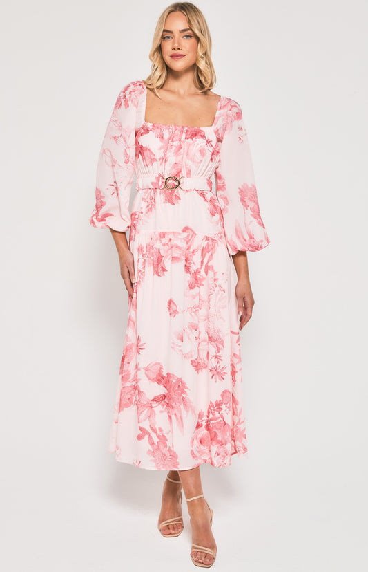 Esme- Floral Maxi Dress with Metal Clasp Belt